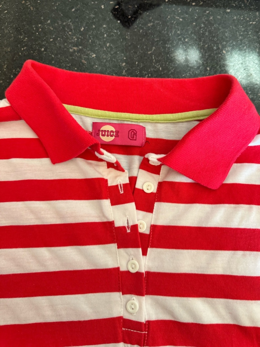 VTG! Juicy Red & White Striped Preppy Polo Top With Lime Green Trim.